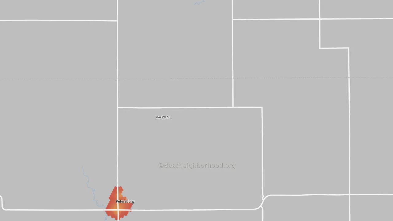 Walk Grade map of Raeville, NE, walkable areas in green and car-dependent areas in red