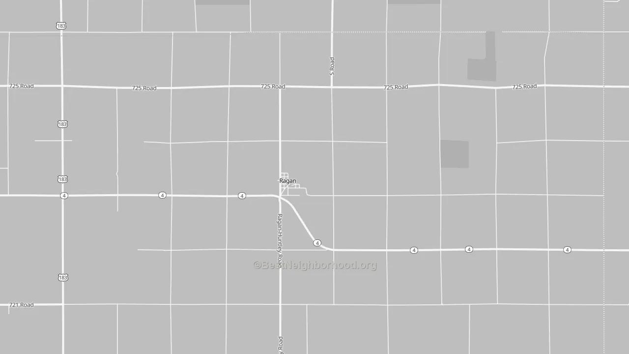 Walk Grade map of Ragan, NE, walkable areas in green and car-dependent areas in red