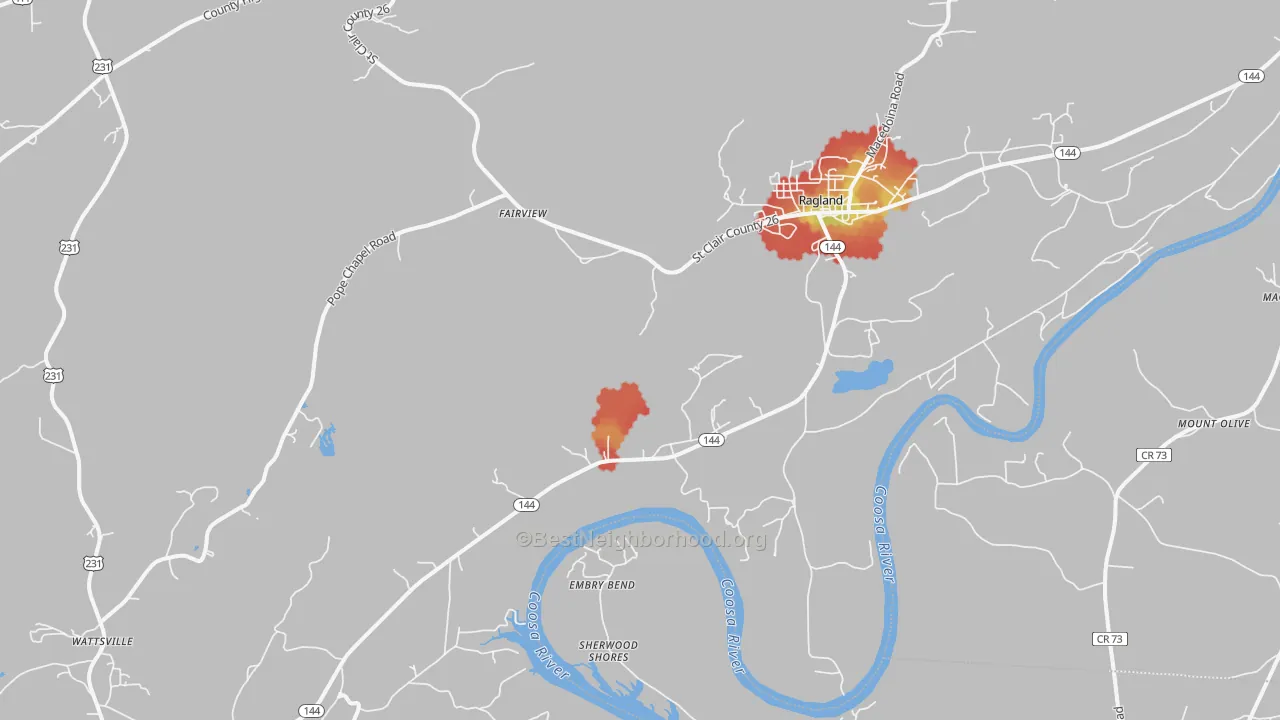 Walk Grade map of Ragland, AL, walkable areas in green and car-dependent areas in red