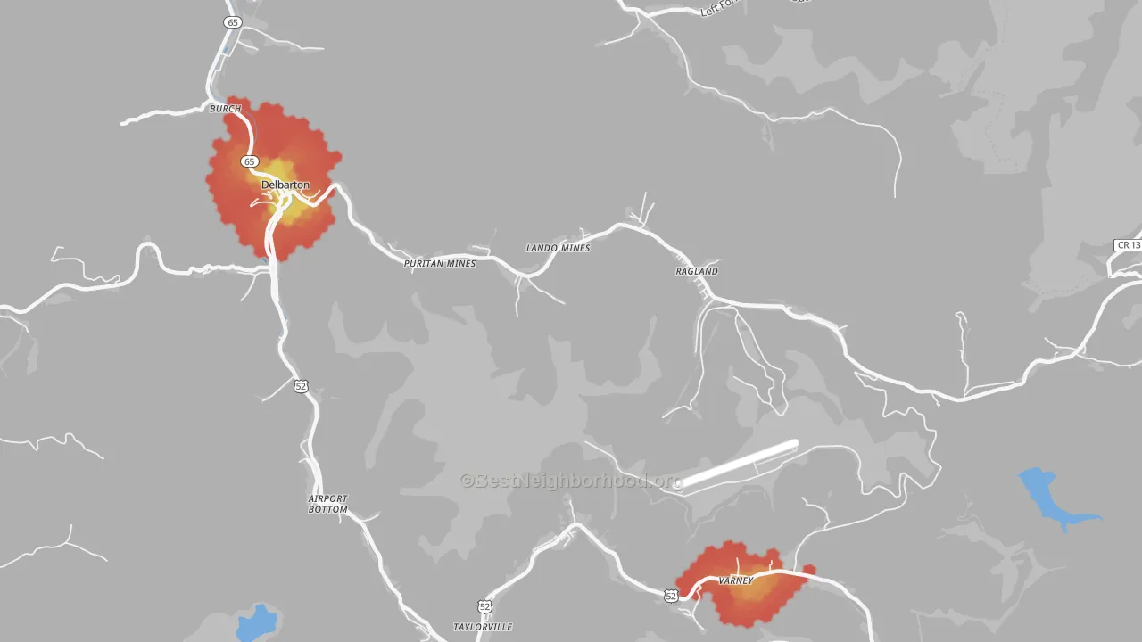 Walk Grade map of Ragland, WV, walkable areas in green and car-dependent areas in red