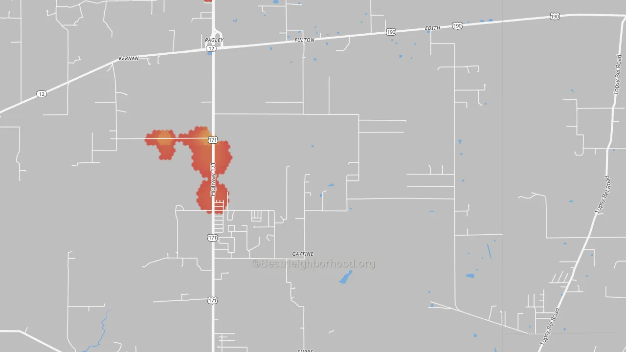 Walk Grade map of Ragley, LA, walkable areas in green and car-dependent areas in red