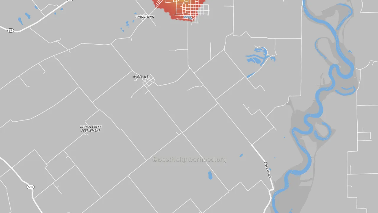 Walk Grade map of Ragsdale, IN, walkable areas in green and car-dependent areas in red