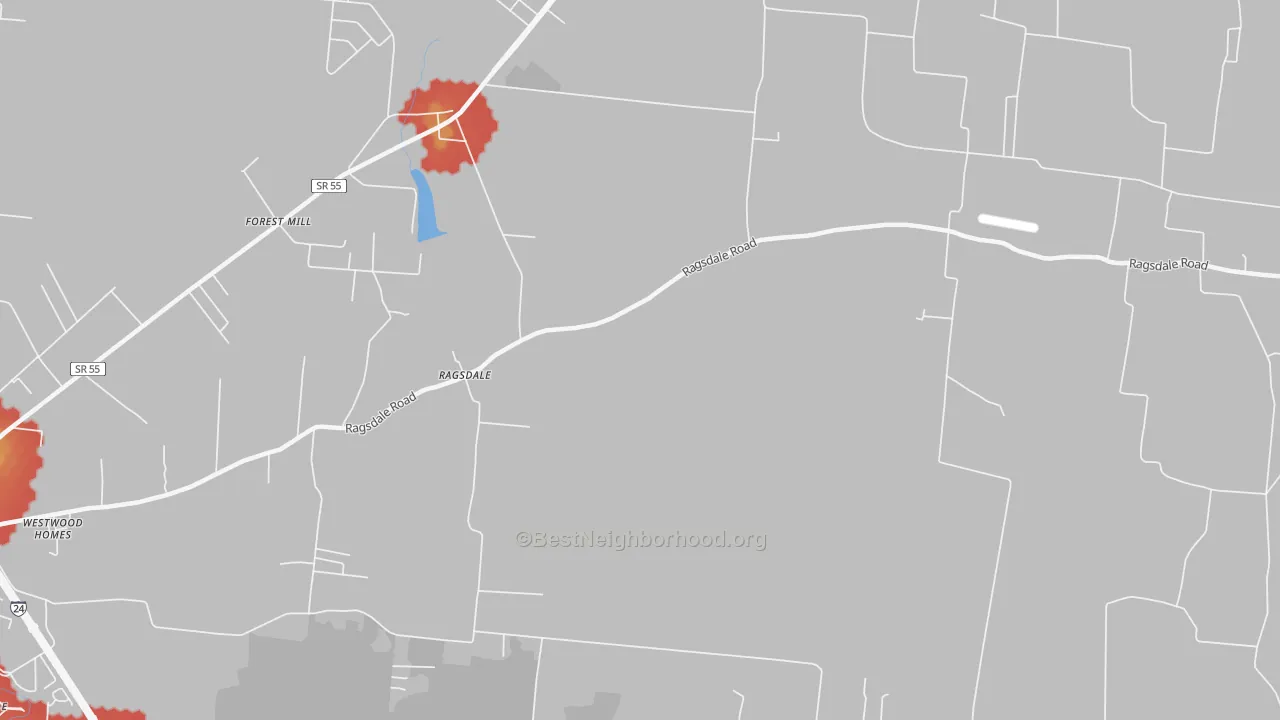 Walk Grade map of Ragsdale, TN, walkable areas in green and car-dependent areas in red