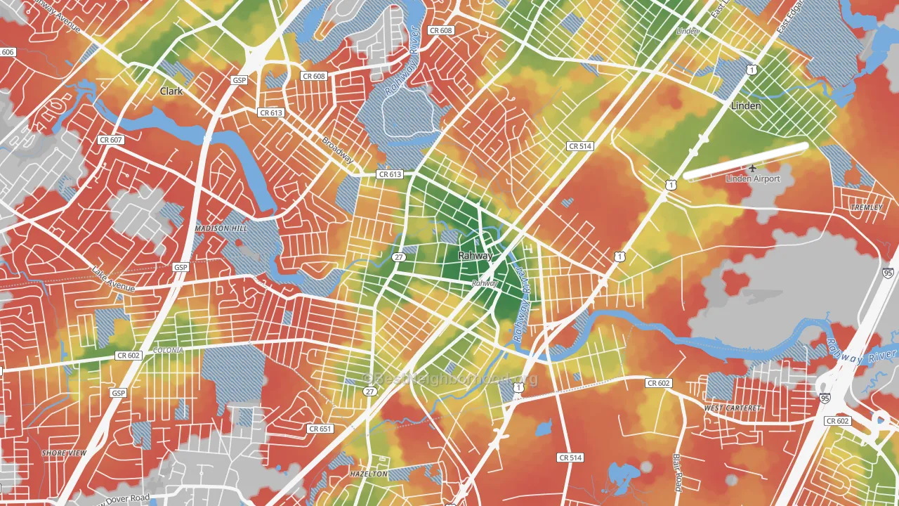 Walk Grade map of Rahway, NJ, walkable areas in green and car-dependent areas in red