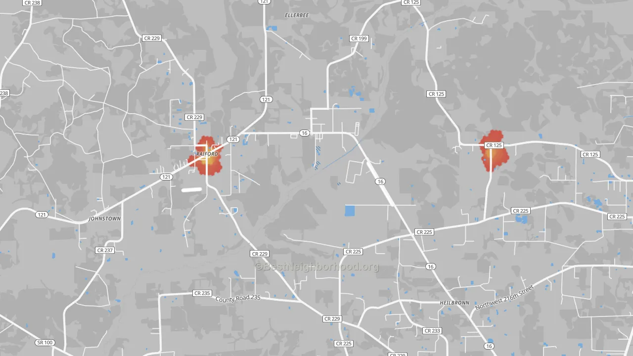 Walk Grade map of Raiford, FL, walkable areas in green and car-dependent areas in red