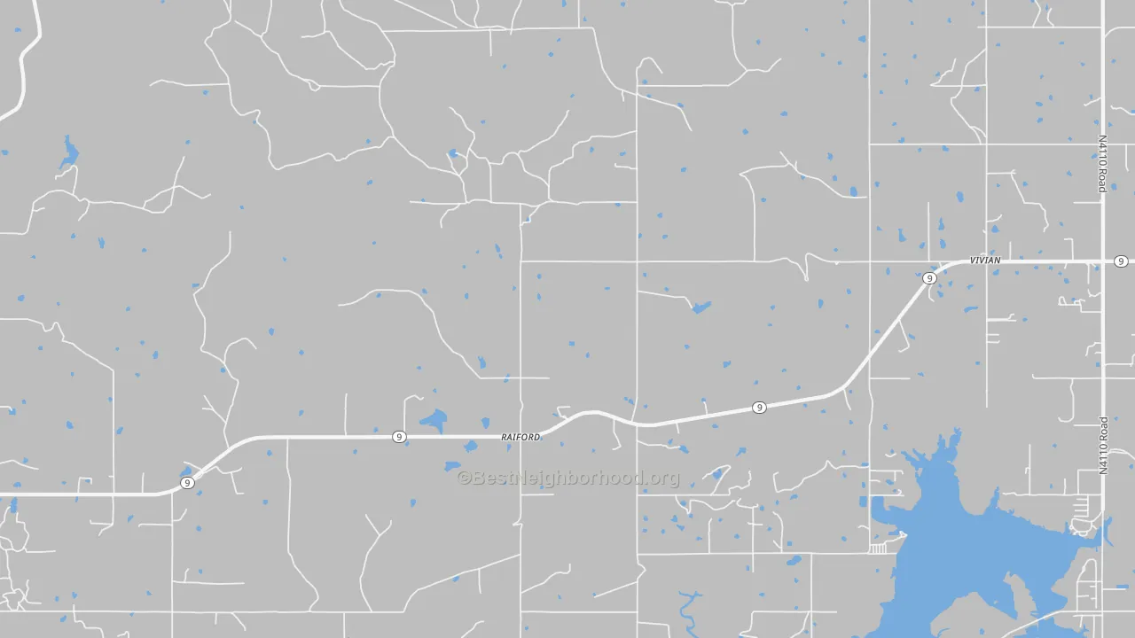 Walk Grade map of Raiford, OK, walkable areas in green and car-dependent areas in red