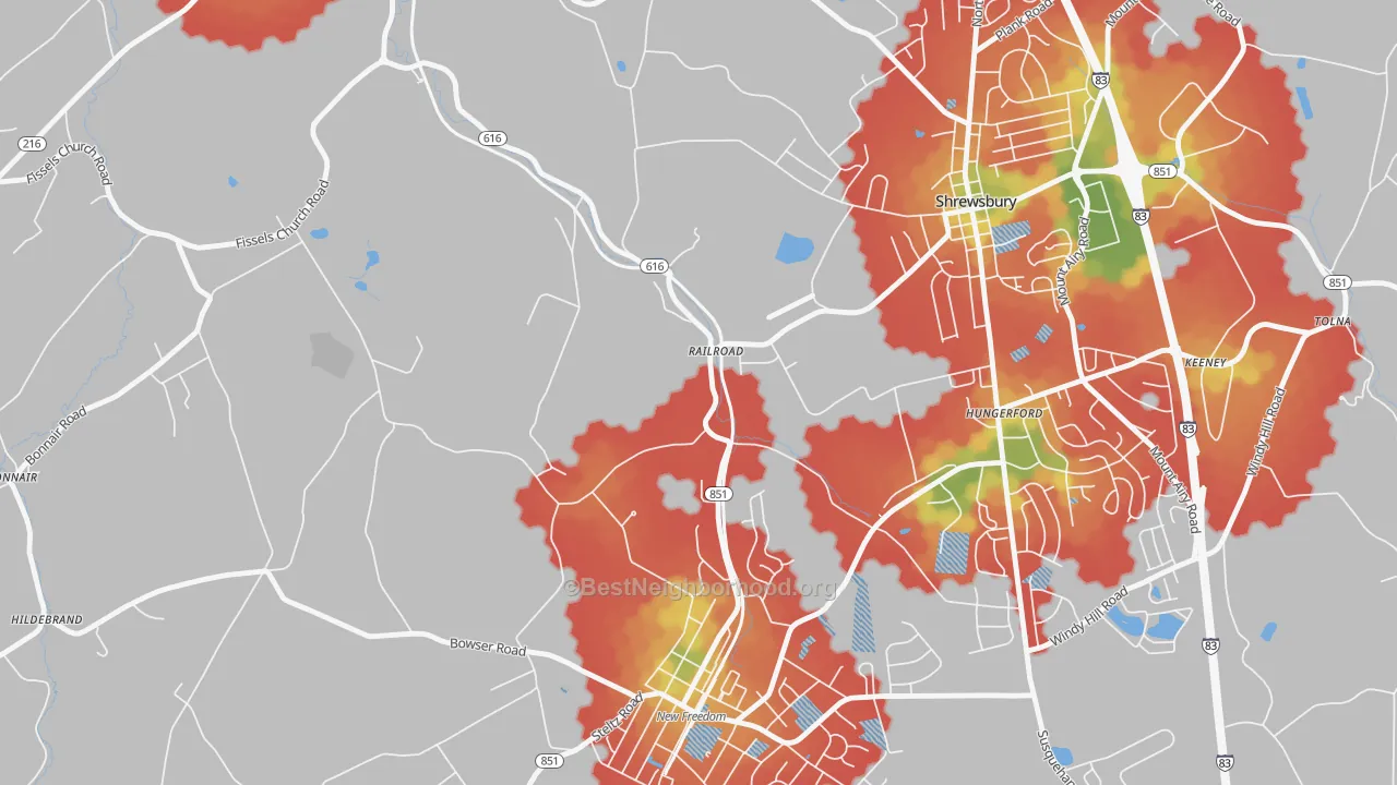 Walk Grade map of Railroad, PA, walkable areas in green and car-dependent areas in red
