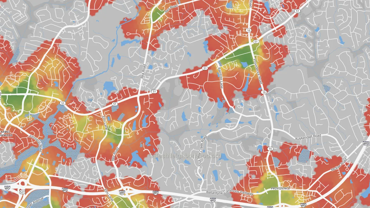 Walk Grade map of Rain Tree, Charlotte, NC, walkable areas in green and car-dependent areas in red