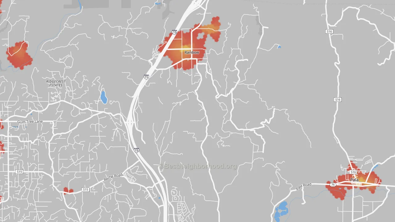 Walk Grade map of Rainbow, CA, walkable areas in green and car-dependent areas in red