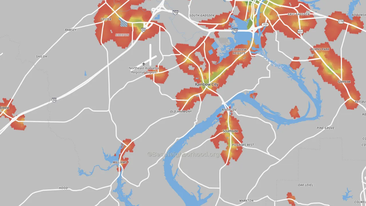 Walk Grade map of Rainbow City, AL, walkable areas in green and car-dependent areas in red