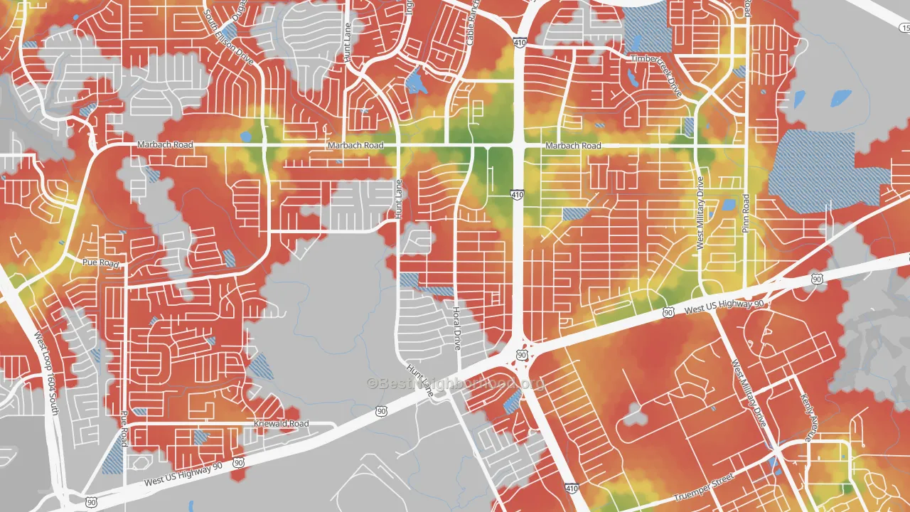 Walk Grade map of Rainbow Hills, San Antonio, TX, walkable areas in green and car-dependent areas in red