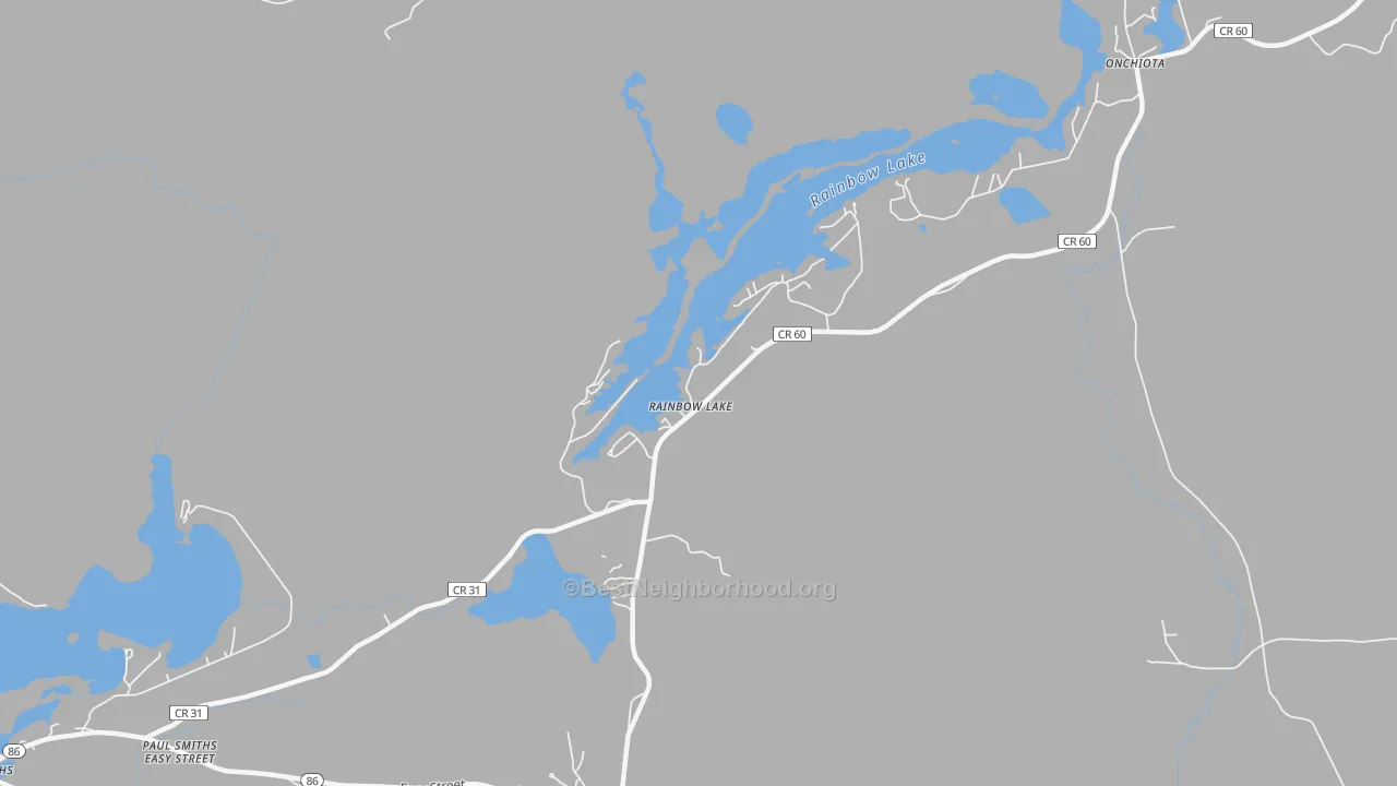 Walk Grade map of Rainbow Lake, NY, walkable areas in green and car-dependent areas in red