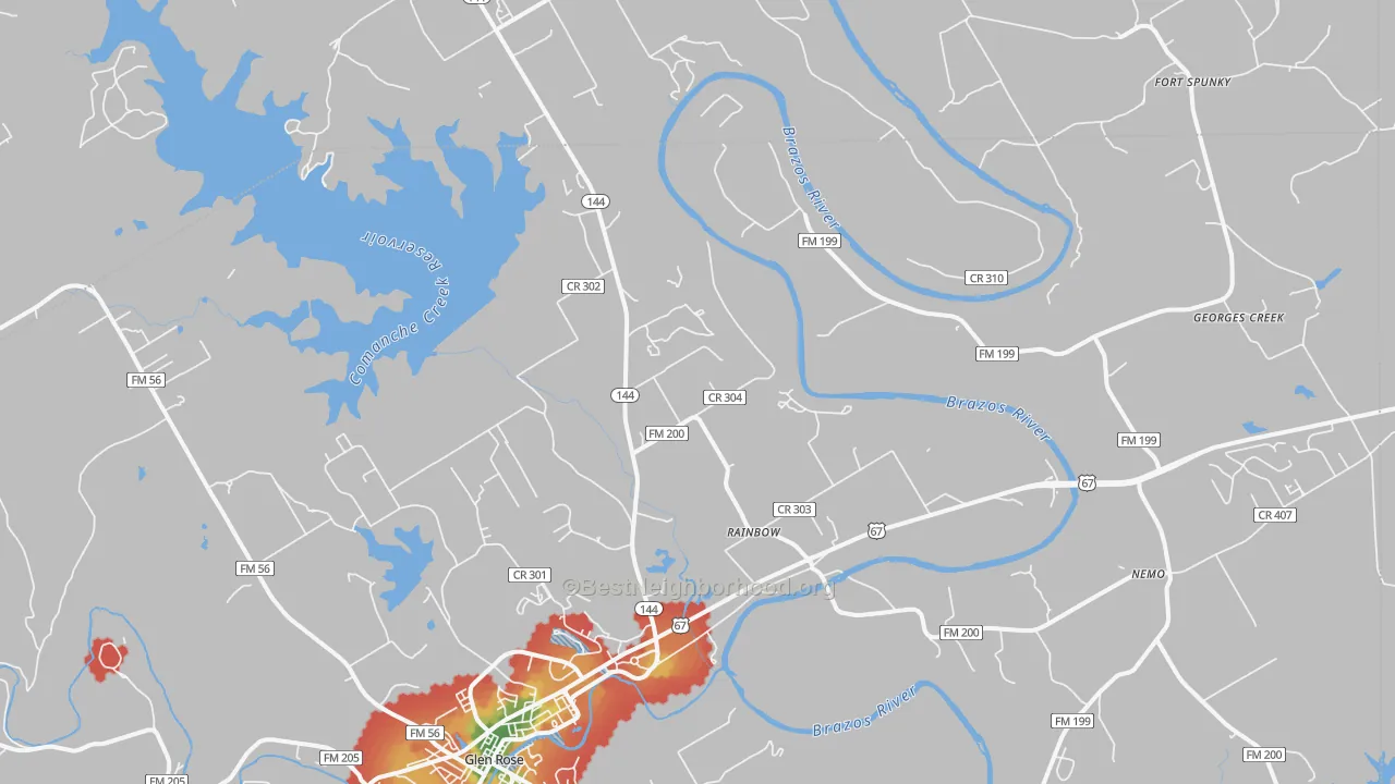 Walk Grade map of Rainbow, TX, walkable areas in green and car-dependent areas in red