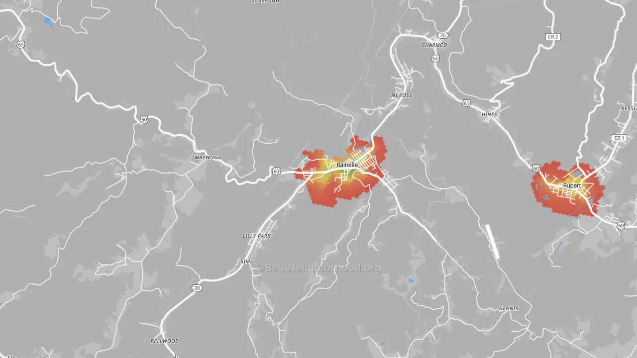 Walk Grade map of Rainelle, WV, walkable areas in green and car-dependent areas in red