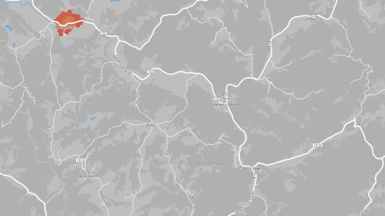 Walk Grade map of Raines Corner, WV, walkable areas in green and car-dependent areas in red