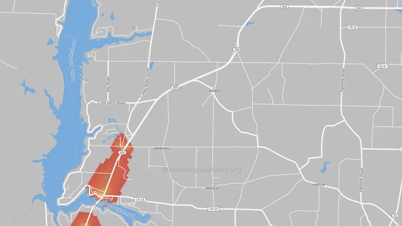 Walk Grade map of Raines, GA, walkable areas in green and car-dependent areas in red