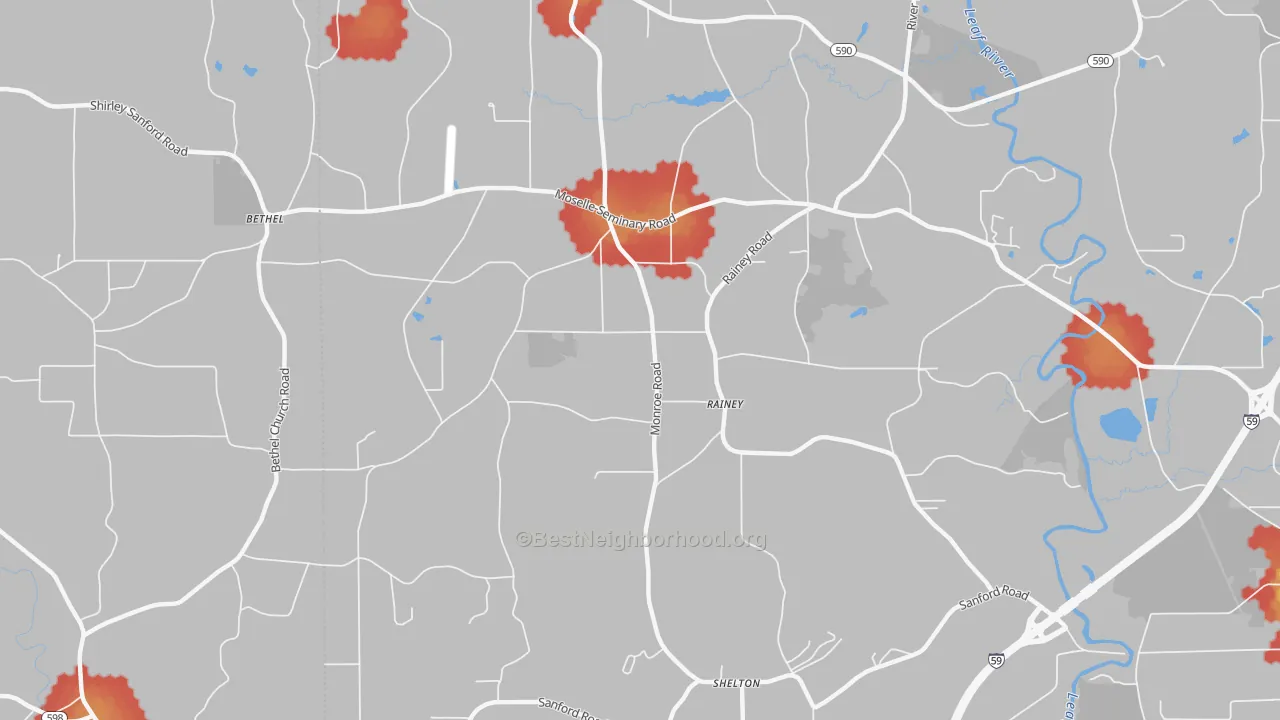 Walk Grade map of Rainey, MS, walkable areas in green and car-dependent areas in red