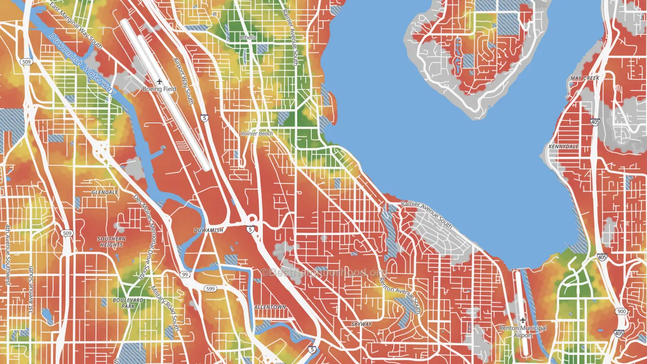 Walk Grade map of Rainier Beach, Seattle, WA, walkable areas in green and car-dependent areas in red