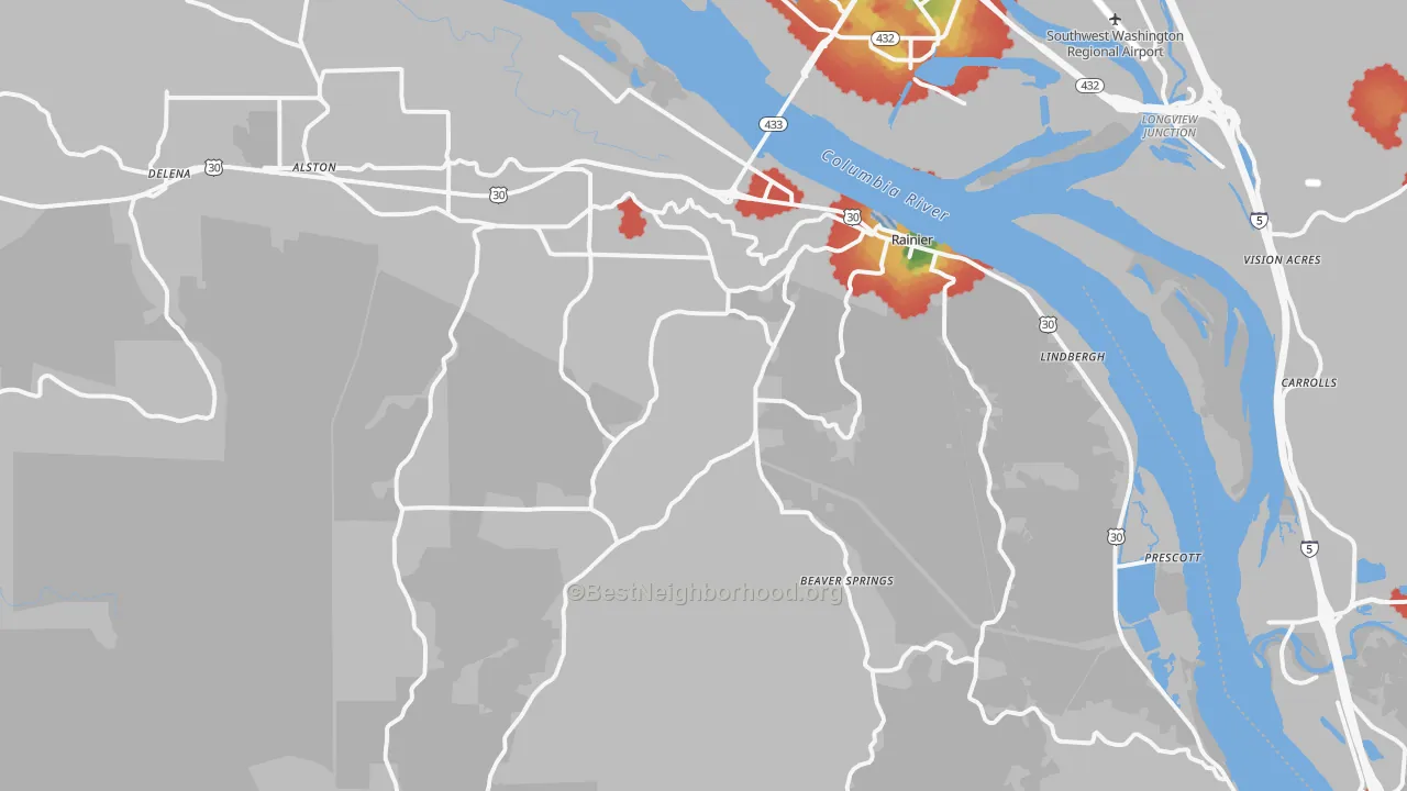 Walk Grade map of Rainier, OR, walkable areas in green and car-dependent areas in red