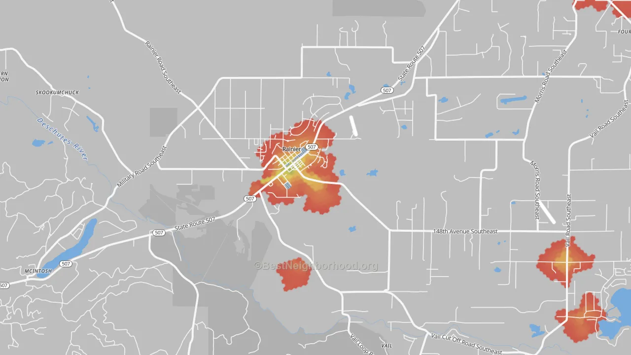Walk Grade map of Rainier, WA, walkable areas in green and car-dependent areas in red