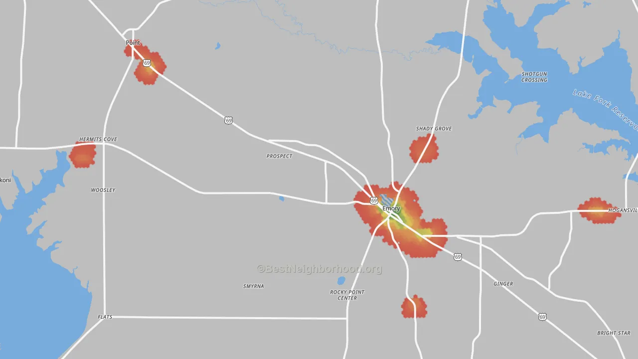 Walk Grade map of Rains County, TX, walkable areas in green and car-dependent areas in red