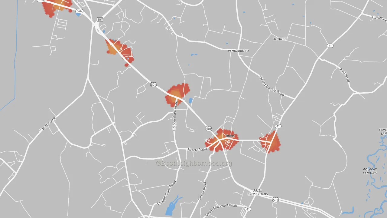 Walk Grade map of Rains, SC, walkable areas in green and car-dependent areas in red