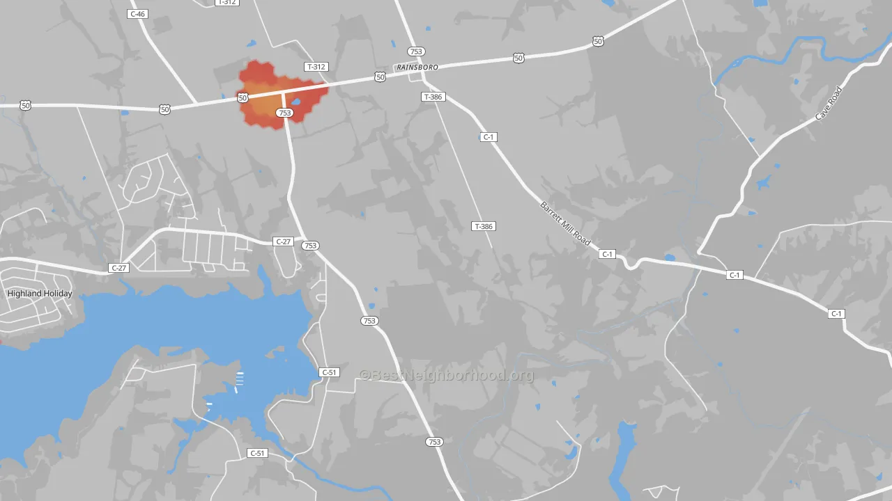 Walk Grade map of Rainsboro, OH, walkable areas in green and car-dependent areas in red