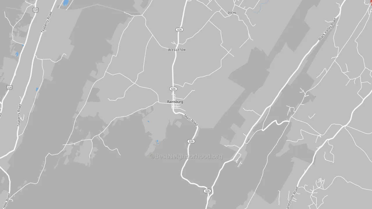 Walk Grade map of Rainsburg, PA, walkable areas in green and car-dependent areas in red