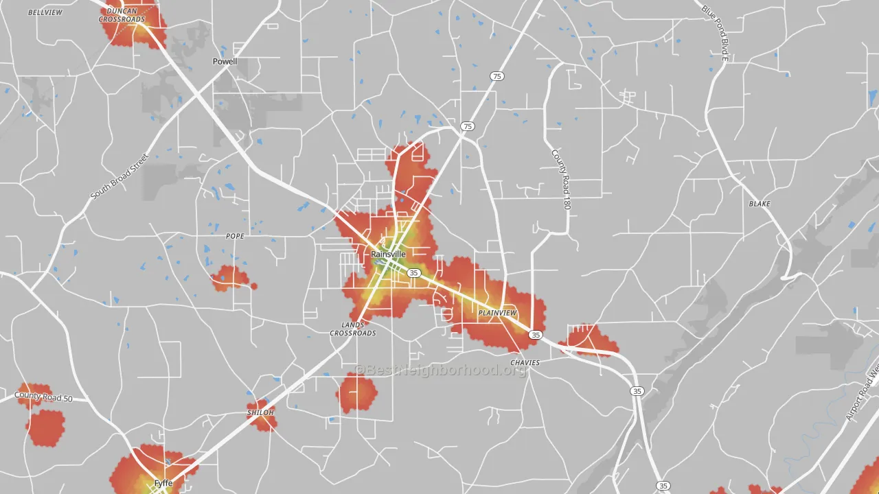 Walk Grade map of Rainsville, AL, walkable areas in green and car-dependent areas in red