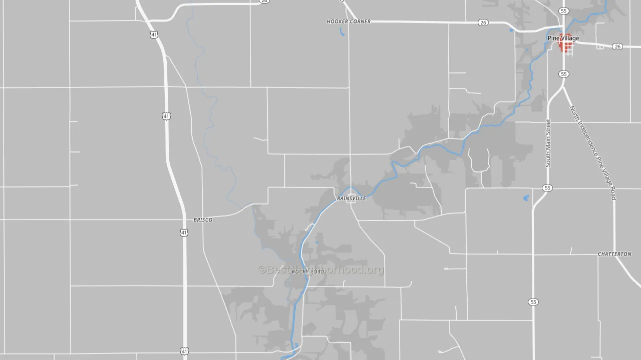 Walk Grade map of Rainsville, IN, walkable areas in green and car-dependent areas in red