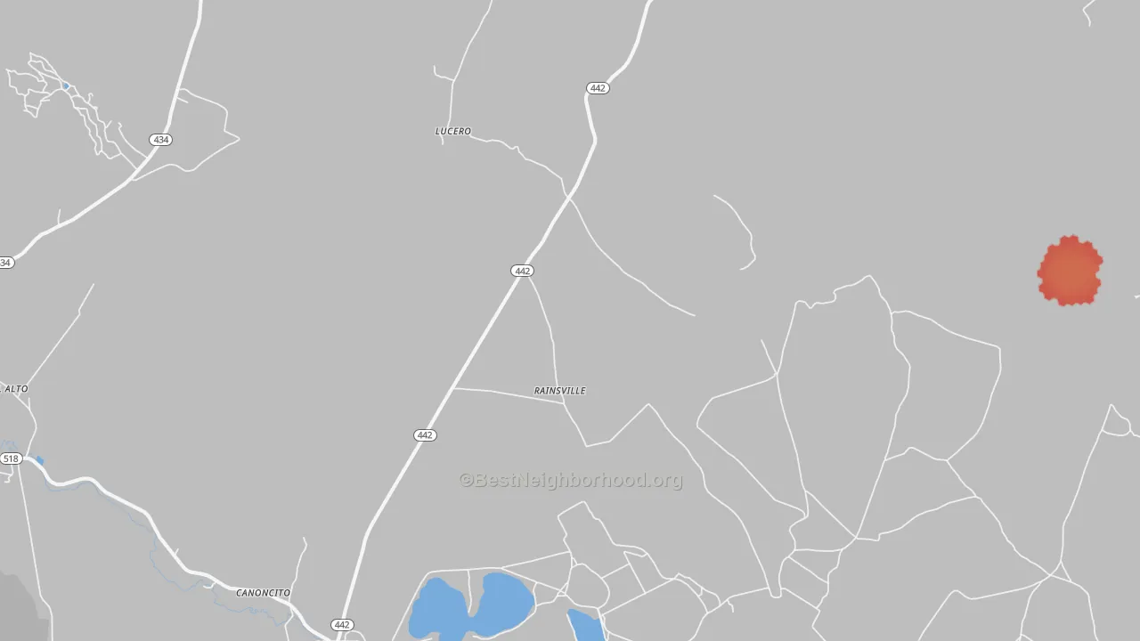 Walk Grade map of Rainsville, NM, walkable areas in green and car-dependent areas in red
