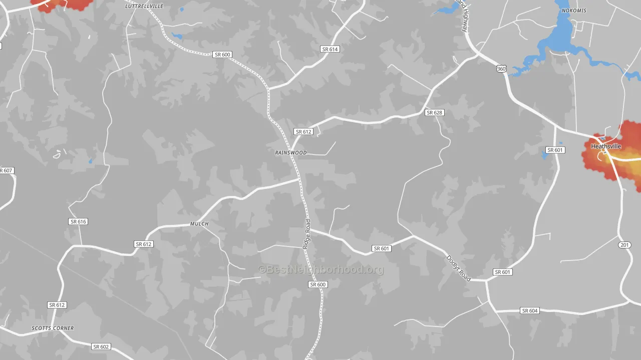 Walk Grade map of Rainswood, VA, walkable areas in green and car-dependent areas in red