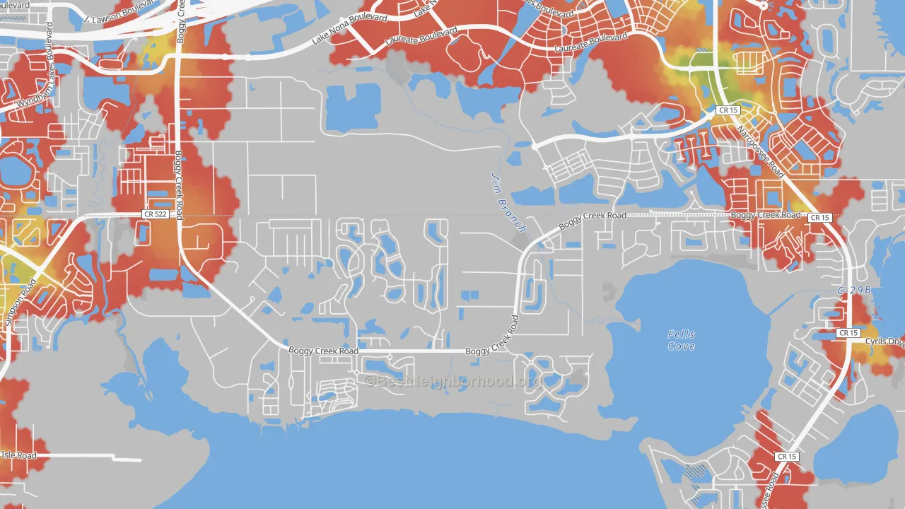 Walk Grade map of Raintree, Kissimmee, FL, walkable areas in green and car-dependent areas in red