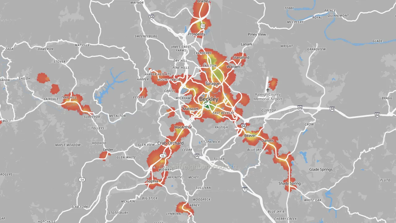 Walk Grade map of Raleigh County, WV, walkable areas in green and car-dependent areas in red