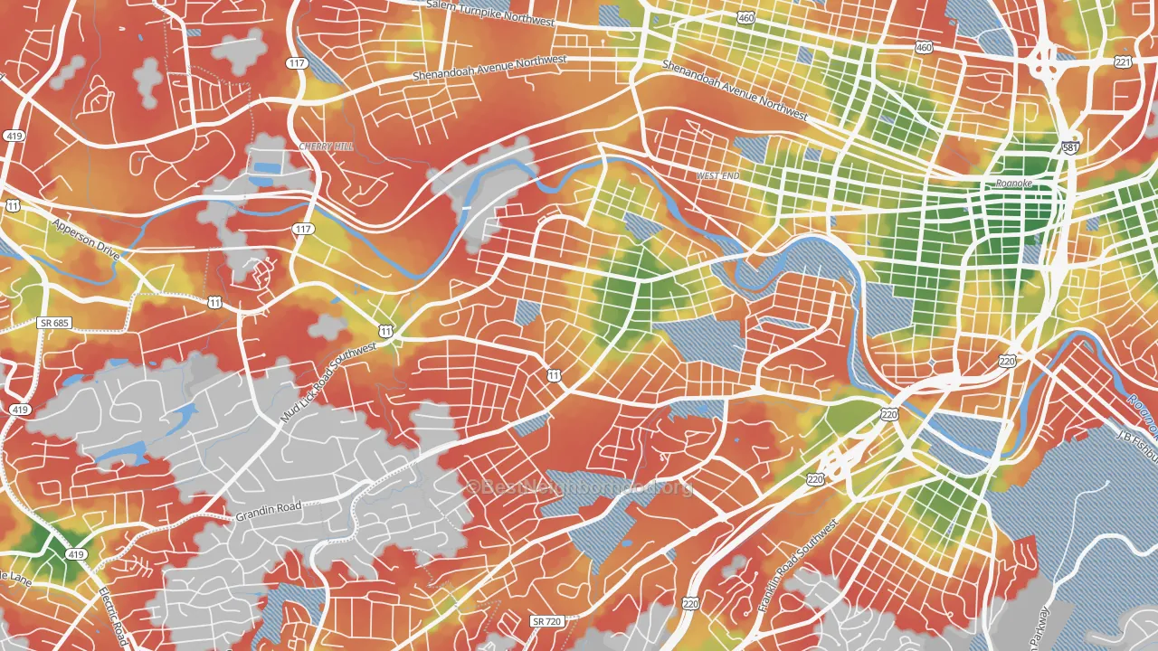Walk Grade map of Raleigh Court, Roanoke, VA, walkable areas in green and car-dependent areas in red