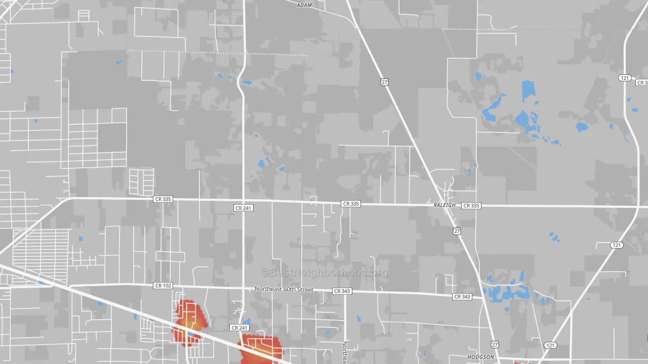 Walk Grade map of Raleigh, FL, walkable areas in green and car-dependent areas in red