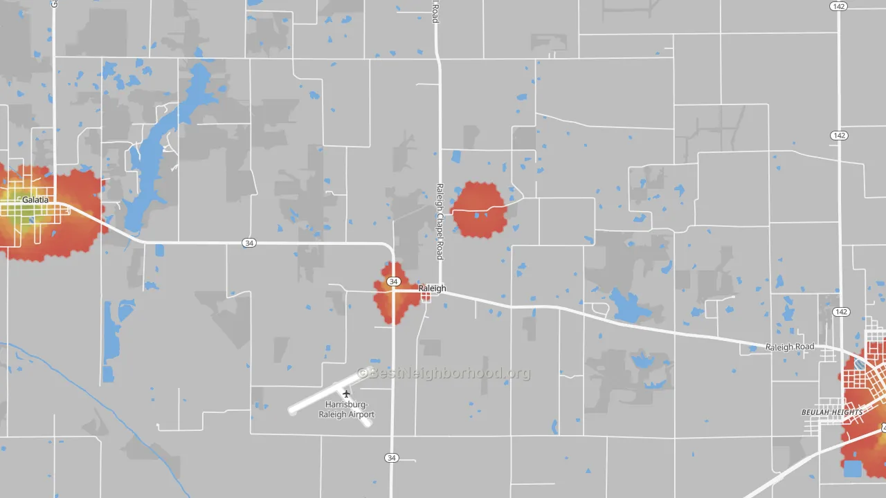 Walk Grade map of Raleigh, IL, walkable areas in green and car-dependent areas in red