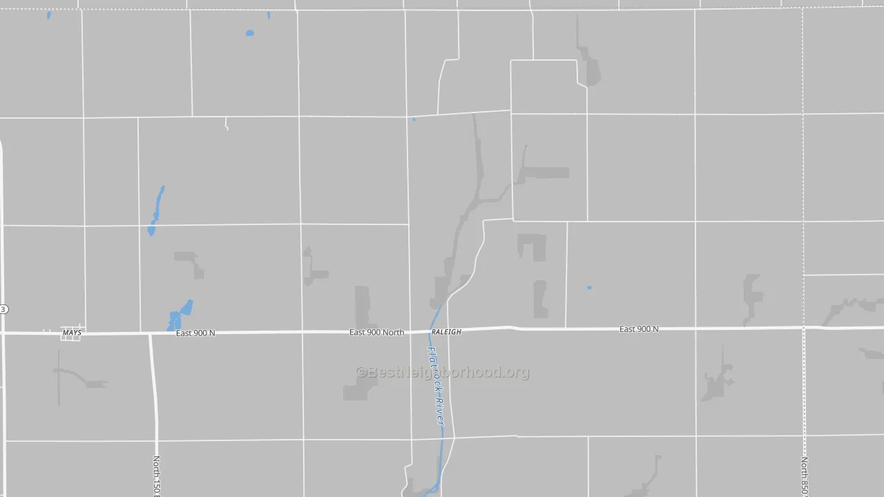Walk Grade map of Raleigh, IN, walkable areas in green and car-dependent areas in red