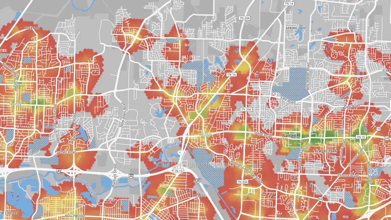 Walk Grade map of Raleigh, Memphis, TN, walkable areas in green and car-dependent areas in red