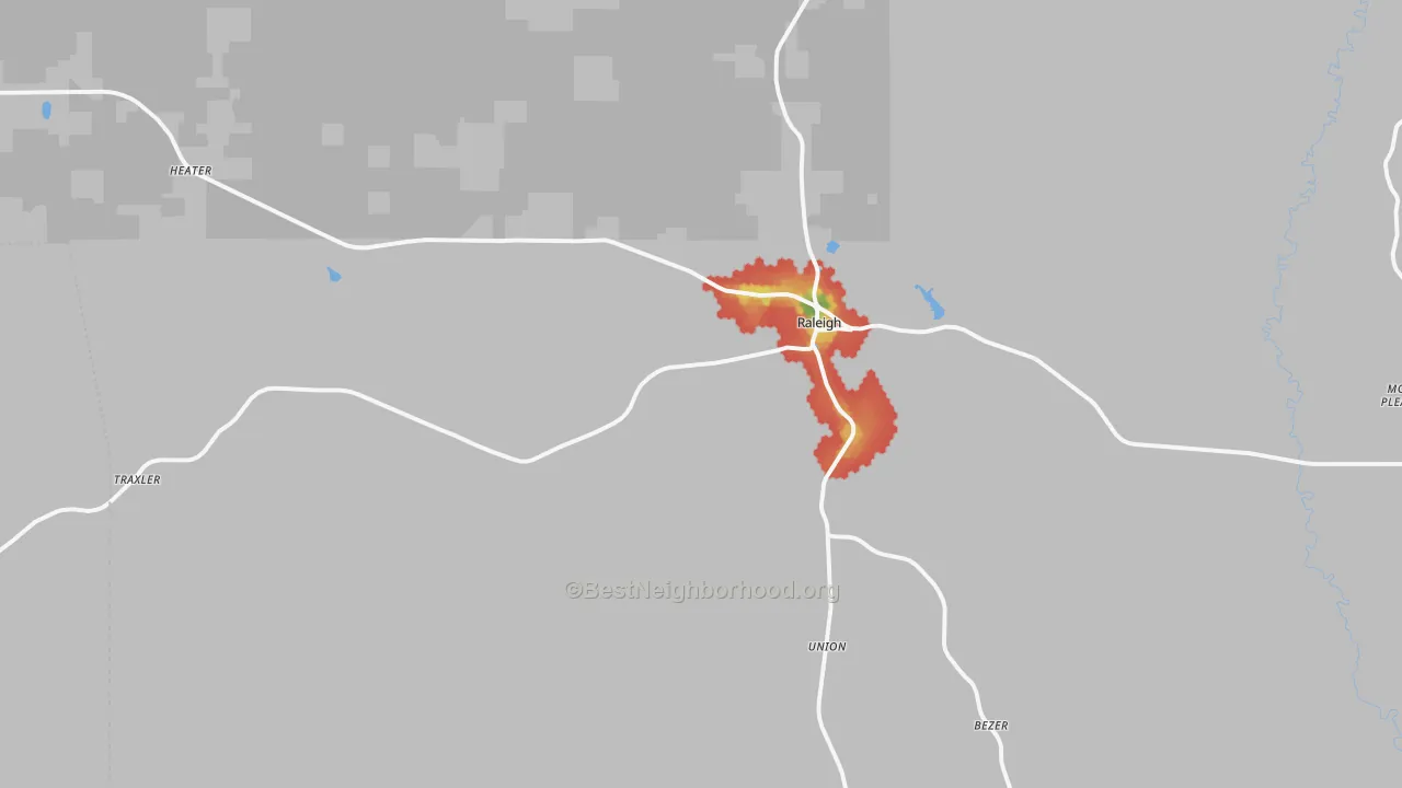 Walk Grade map of Raleigh, MS, walkable areas in green and car-dependent areas in red