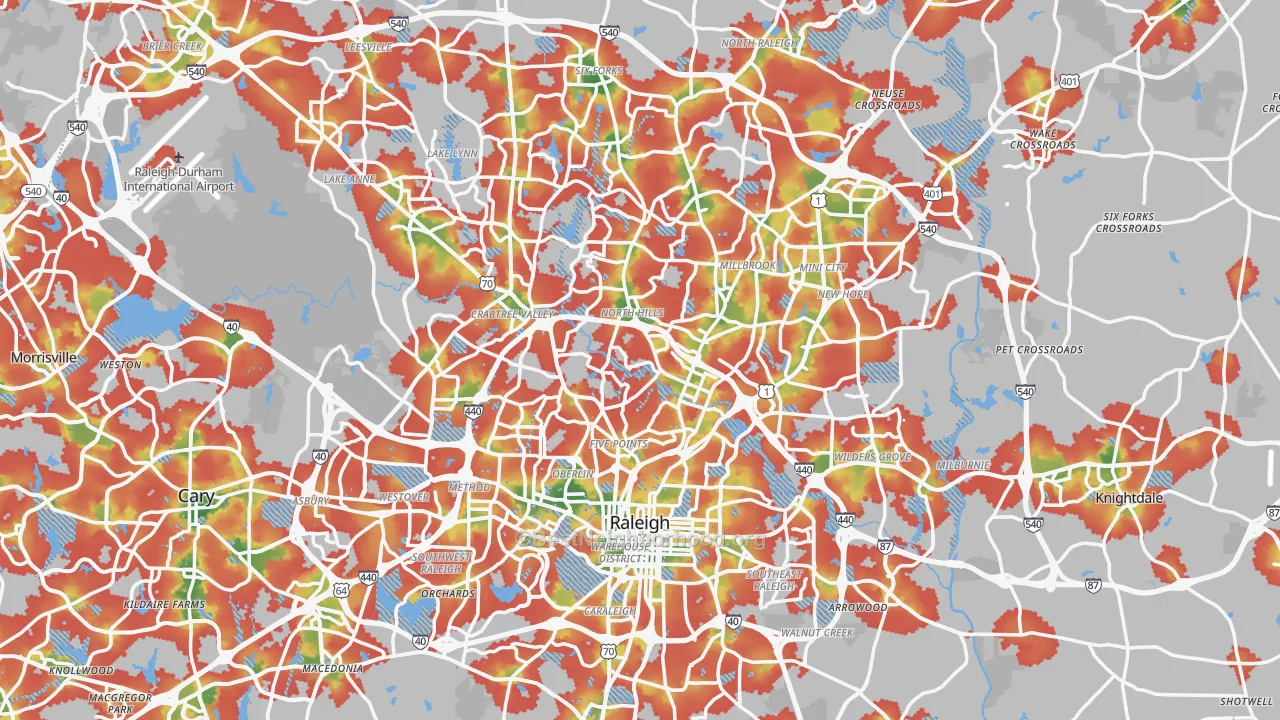 Walk Grade map of Raleigh, NC, walkable areas in green and car-dependent areas in red