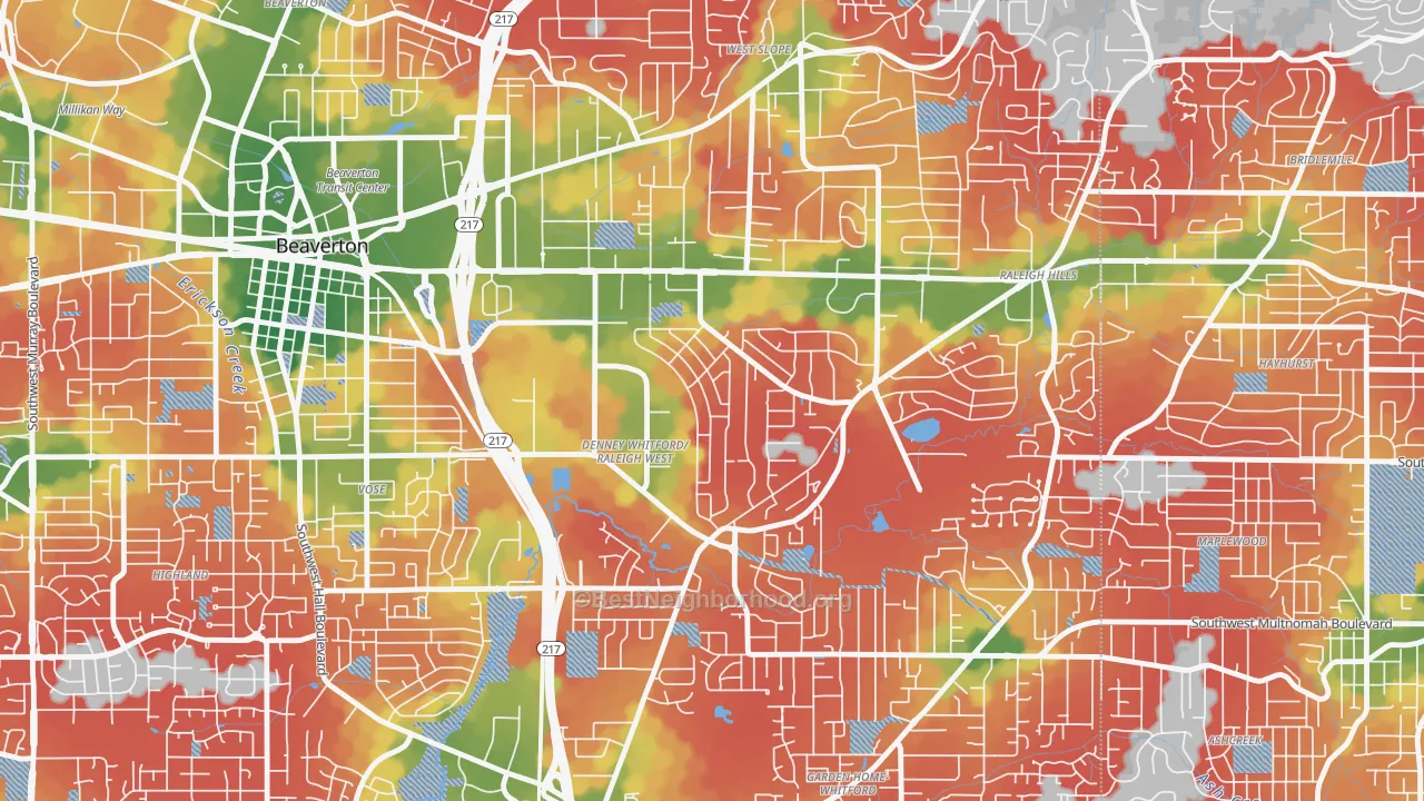 Walk Grade map of Raleigh West, Beaverton, OR, walkable areas in green and car-dependent areas in red
