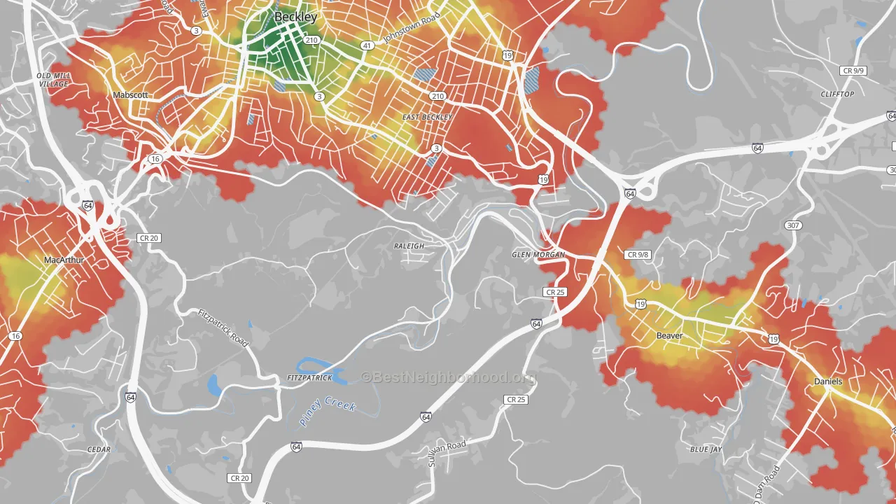 Walk Grade map of Raleigh, WV, walkable areas in green and car-dependent areas in red