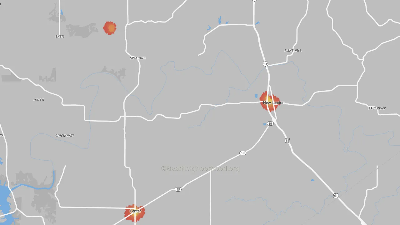 Walk Grade map of Ralls County, MO, walkable areas in green and car-dependent areas in red