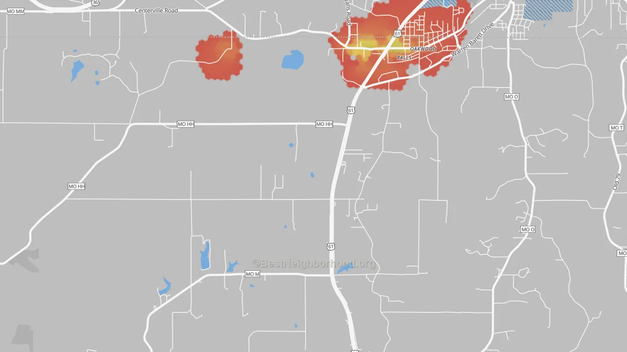 Walk Grade map of Ralls, MO, walkable areas in green and car-dependent areas in red