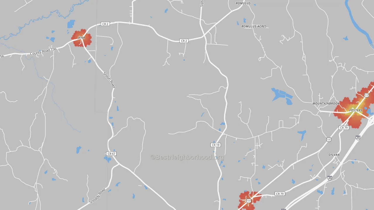Walk Grade map of Ralph, AL, walkable areas in green and car-dependent areas in red