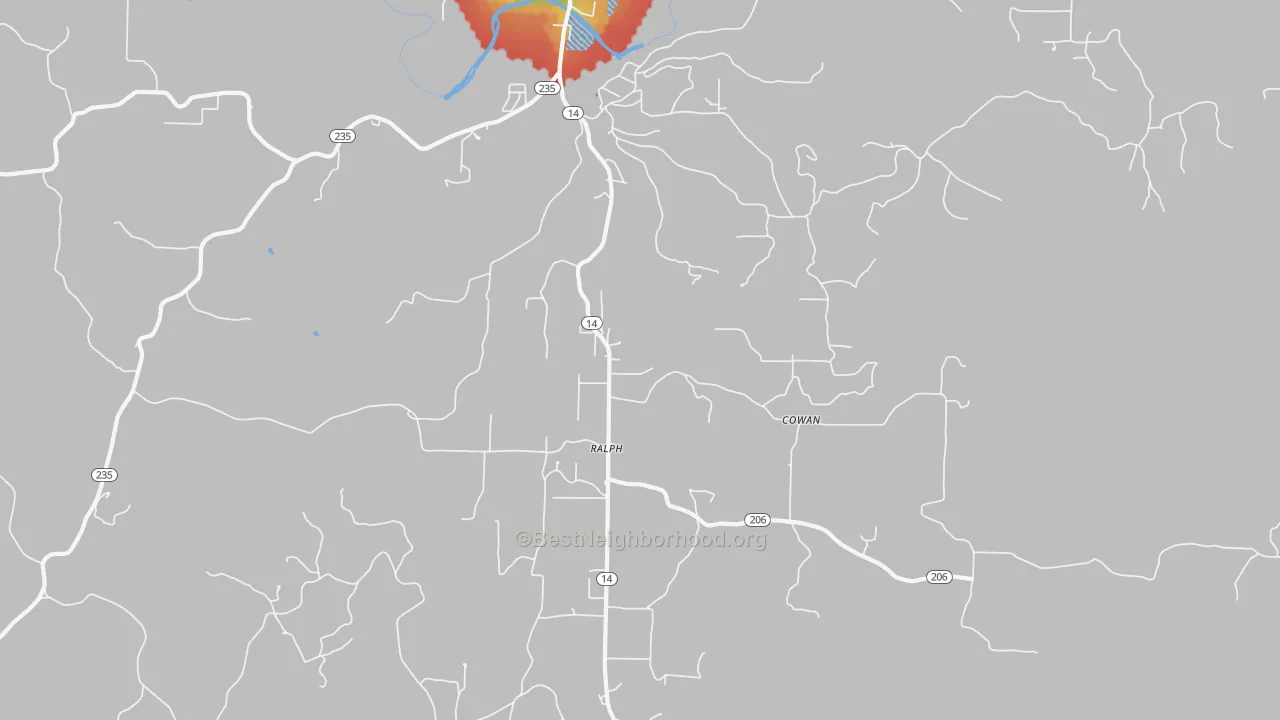 Walk Grade map of Ralph, AR, walkable areas in green and car-dependent areas in red