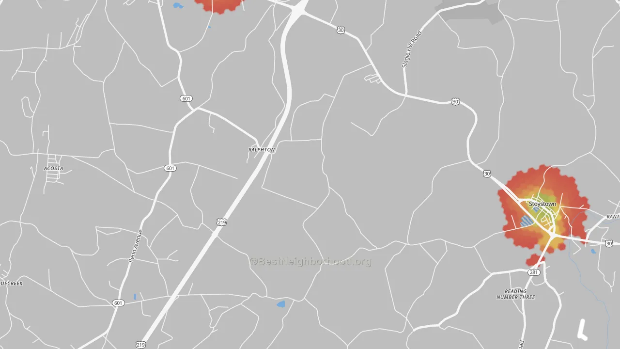 Walk Grade map of Ralphton, PA, walkable areas in green and car-dependent areas in red