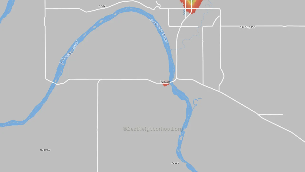 Walk Grade map of Ralston, OK, walkable areas in green and car-dependent areas in red