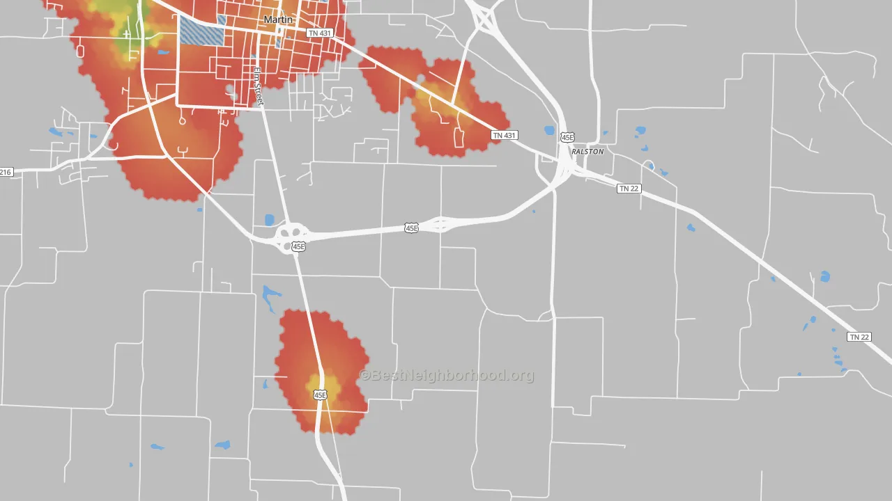 Walk Grade map of Ralston, TN, walkable areas in green and car-dependent areas in red